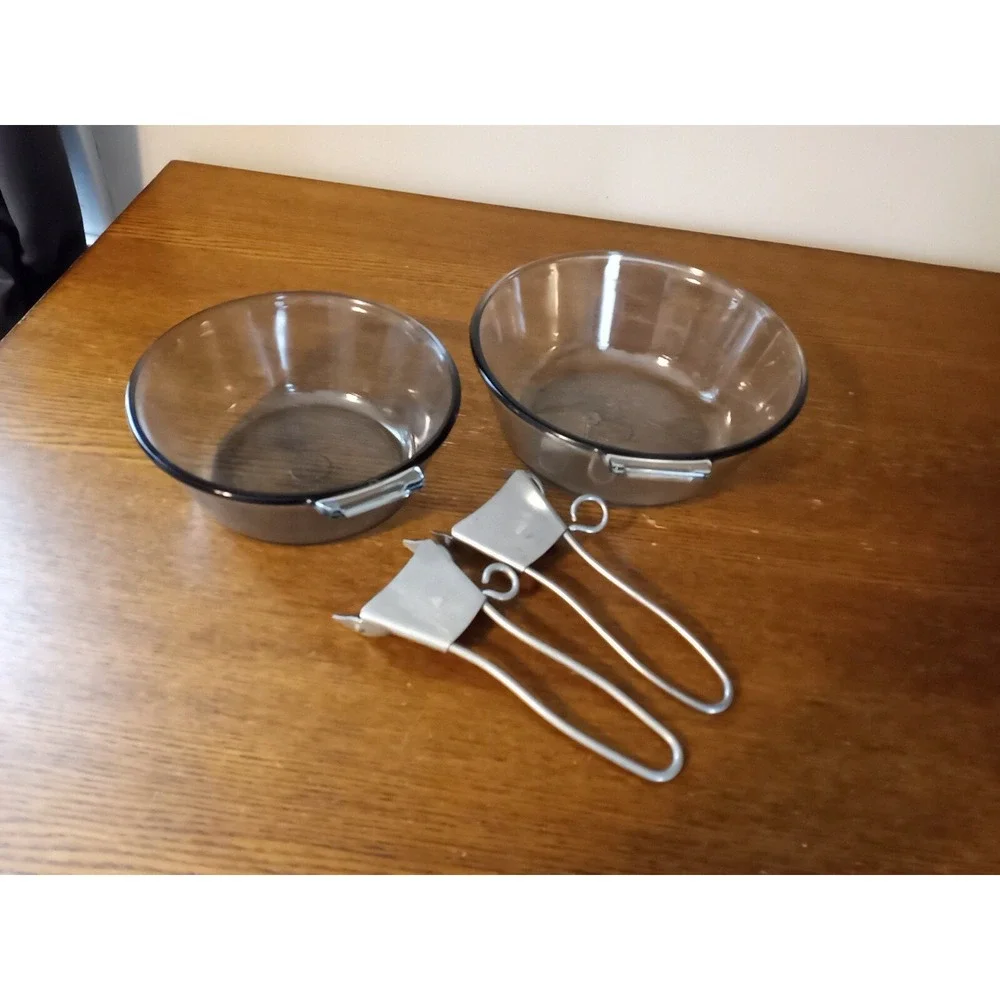 Vtg Pyrex Flameware Clear Blue Cookware 4 Pc 833B 832B Saucepans & Metal Handles